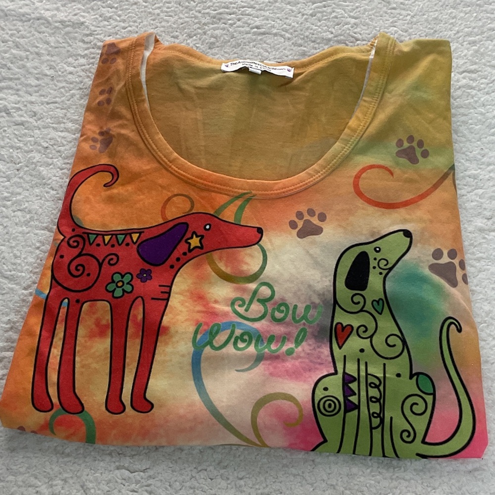 Woman’s Colorful Dog Print T-Shirt by the animal rescue site